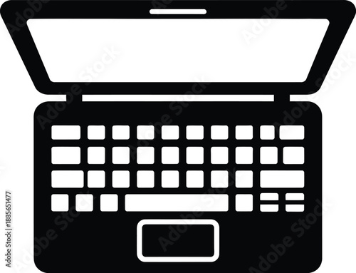 A minimalist black icon representing an open laptop computer on a white background.