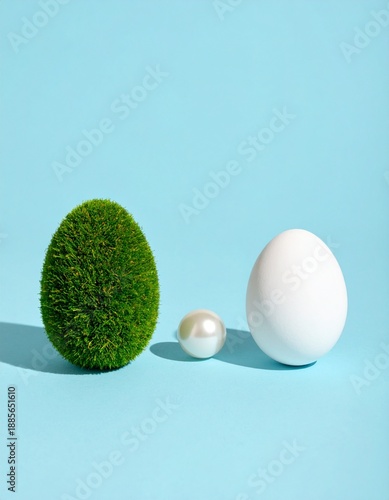 A minimalist composition featuring a large green egg-shaped object made of grass, accompanied by a white egg and a pearl, creating a serene, nature-inspired still life. Easter creative concept.