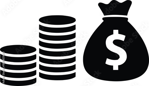 Financial icons of money bag and stacked coins on white background