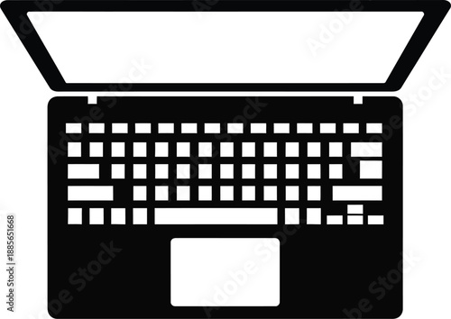 Minimalist black and white icon illustration of an open laptop computer from a top-down perspective
