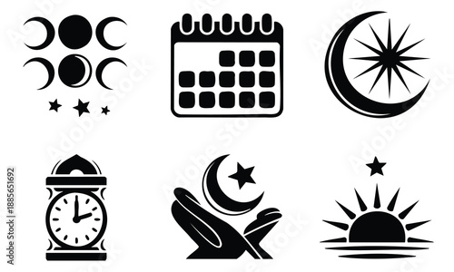 Set bundle Ramadan silhouette with lunar phases calendar and prayer items