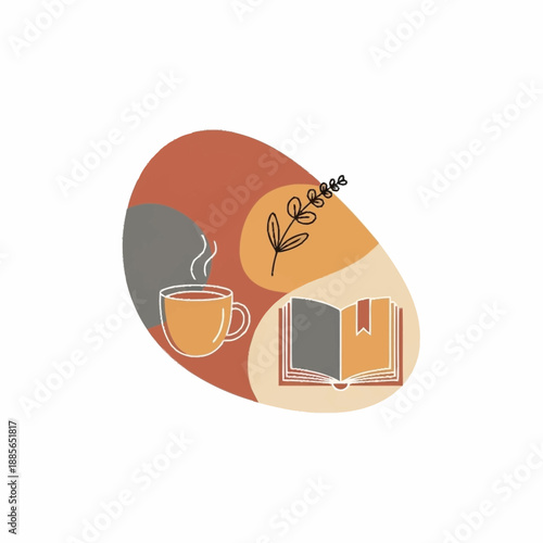 A serene illustration of a cup of coffee, a book, and a plant.