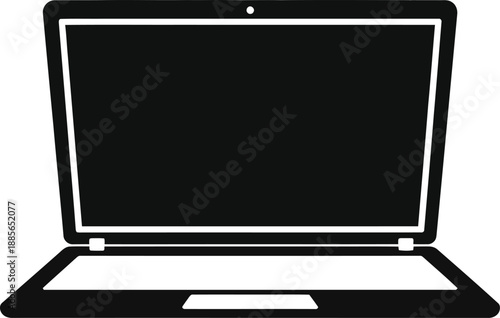 Black and white simple graphic icon of an open laptop computer on a white background