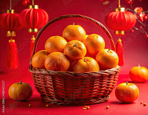 Basket of fresh mandarins with Chinese lanterns.