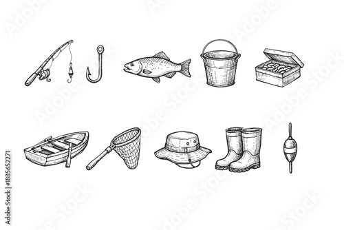 Fishing equipment outline icon set. Tackle, boat, fish, bucket, net icons collection