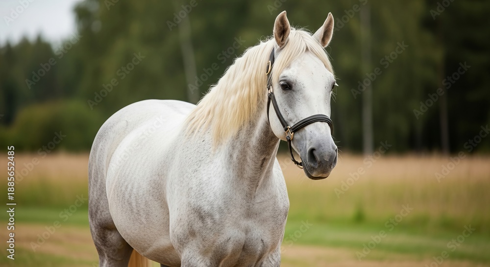 Naklejka premium A majestic white horse stands proudly in a lush green meadow with trees in the background viewed from the side