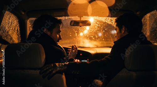 Two men conversing intently inside a car, one wearing a dark glove. Rainy night street lights create bokeh on the wet windshield.