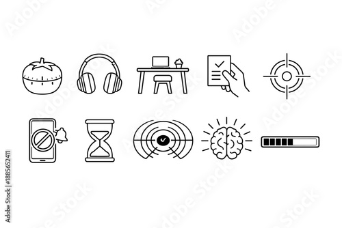 Productivity and focus icon set. Minimalist, outline icons collection for time management