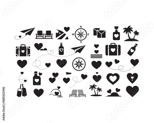 Travel and honeymoon silhouette icons for Valentine's Day vacation and romantic trip planning, vector illustration