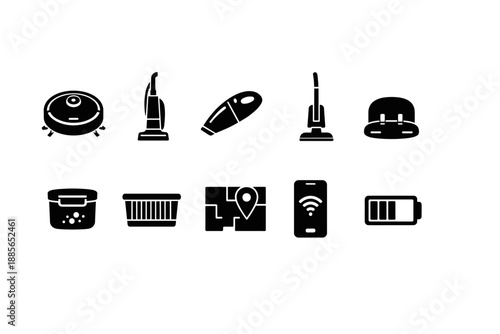 Home appliance solid icon set for smart home automation and cleaning solutions