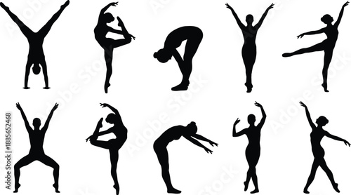 Yoga and ballet pose silhouettes collection, female fitness flexibility exercises, dance stretching positions, wellness training vector illustration, isolated black background