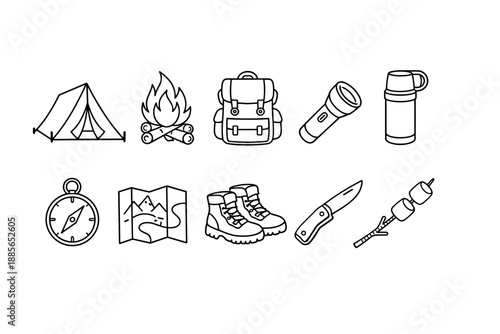 Camping and hiking icon set: outdoor, backpacking, adventure symbols, outline style