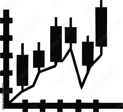 A black and white image of a stock market graph with candlestick chart and line graph