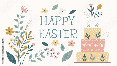 Happy Easter celebration with decorated cake and flowers