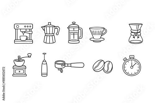 Coffee preparation outline icon set. Brewing equipment linear style collection