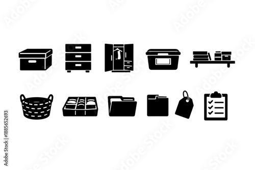 Organization and storage icon set. Home and office silhouette icons collection