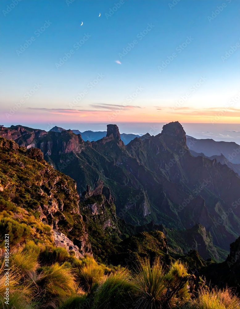 Fototapeta premium A majestic mountain range is silhouetted against a pastel sky with a visible crescent moon. The foreground features grassy slopes