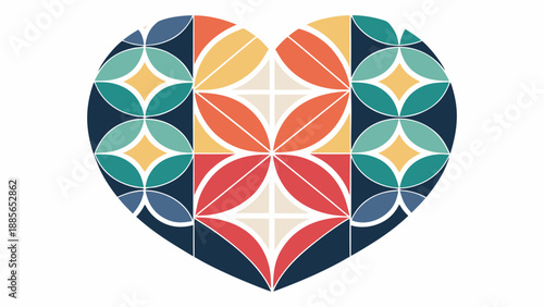 Vibrant heart shaped mosaic with colorful geometric patterns