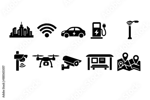 Smart city silhouette icon set. Urban, technology icons silhouette collection