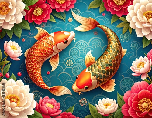 Colorful Koi Fish Swimming Among Vibrant Flowers Illustration.