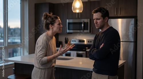 Woman arguing with a man, gesturing with hands in a contemporary kitchen. Man stands arms crossed, looking frustrated, conveying marital problems.