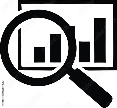 Magnifying glass analyzing a bar chart graph for data analysis and research purposes
