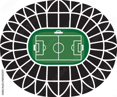Top view of a modern football stadium with a green field and black stadium seating