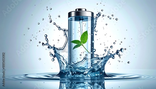 Clear battery with green sprout inside, splashing in water against a pale gradient blue background