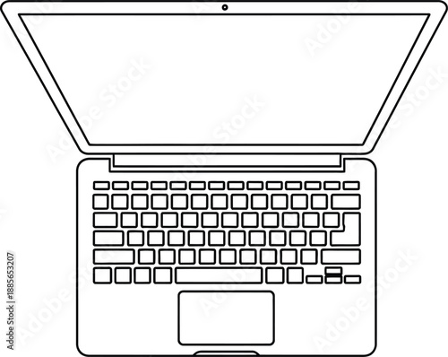 Minimalist black and white line drawing of an open laptop computer from a top-down view