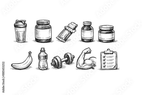 Fitness and nutrition icon set. Workout, healthy lifestyle icons in linear style.