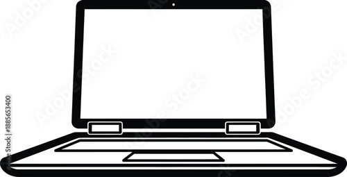 Simple black and white line art illustration of a modern laptop computer