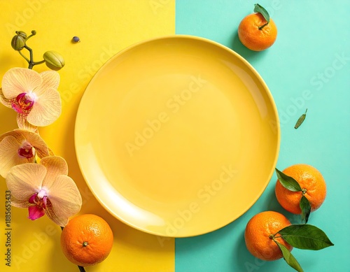 Yellow plate with orchids and mandarins on colorful background.