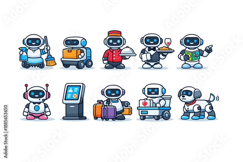 Technology and service robot icon set. Cute, flat digital helper icons collection.
