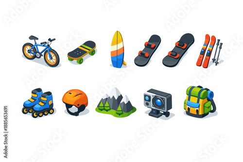 Outdoor and adventure equipment 3d icon set. Hiking, cycling, camping in 3d style