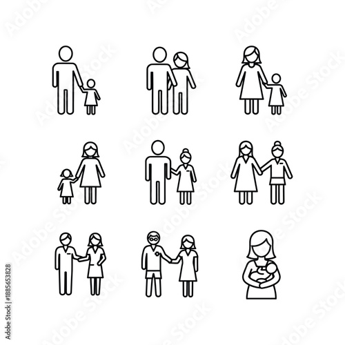 Diverse Family Structures and Relationships Illustrated with Simple Black & White Figures - Parents, Children & Multi-Generational Families