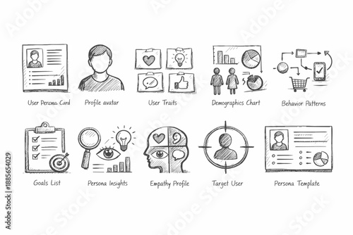 User persona, profile sketch icon set. Avatar, behavior, traits, demographic outline icons