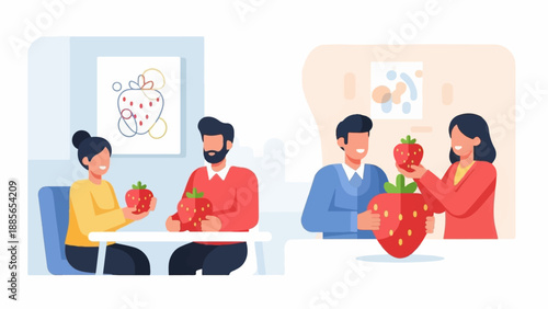 Diverse people enjoy oversized strawberries, some as art, some as food