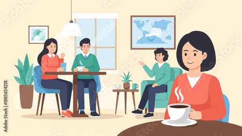 Diverse people enjoying coffee and conversation in a cozy cafe setting
