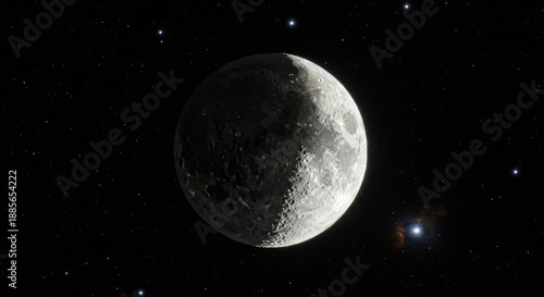 A moon is shown in the dark space with stars surrounding it from a distant viewpoint