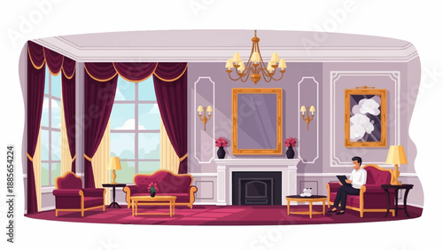 Elegant interior with a person using a tablet, featuring plush furniture and ornate decor