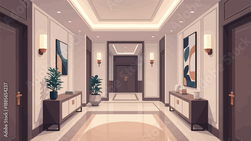 Elegant hotel hallway with recessed lighting, abstract art, plants, and cabinets