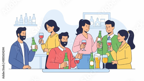 Diverse people enjoying drinks at a bar, holding bottles and glasses