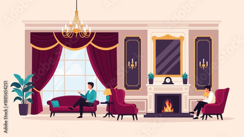 Elegant interior with two men relaxing by a fireplace