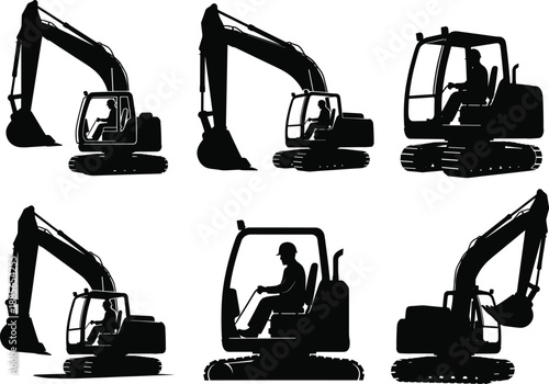Excavator silhouettes with operators, construction machinery in action, heavy equipment vector set, industrial diggers in various poses, black graphic illustration