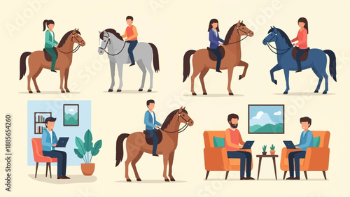 Diverse people enjoying horses and working indoors