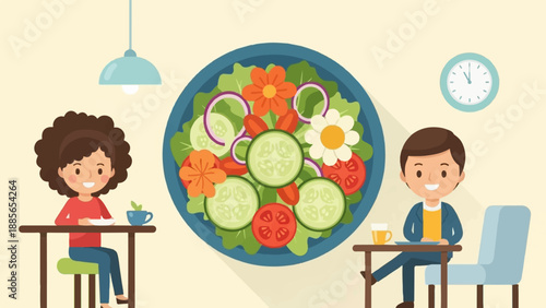 Diverse people enjoying healthy meals at tables under a modern lamp