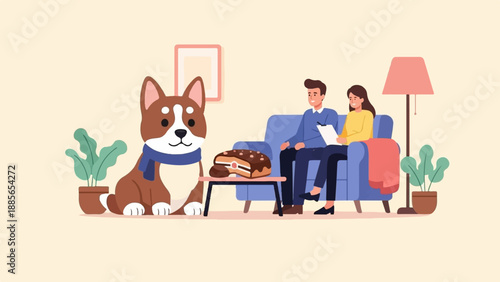 Dog, couple and cake in a cozy room