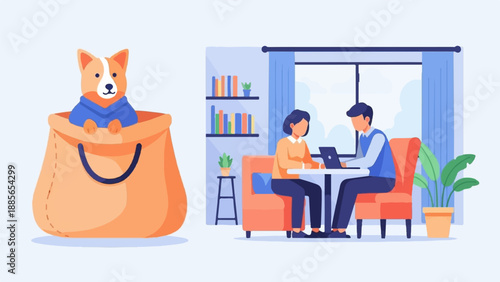 Dog in bag next to two people working on laptops in office