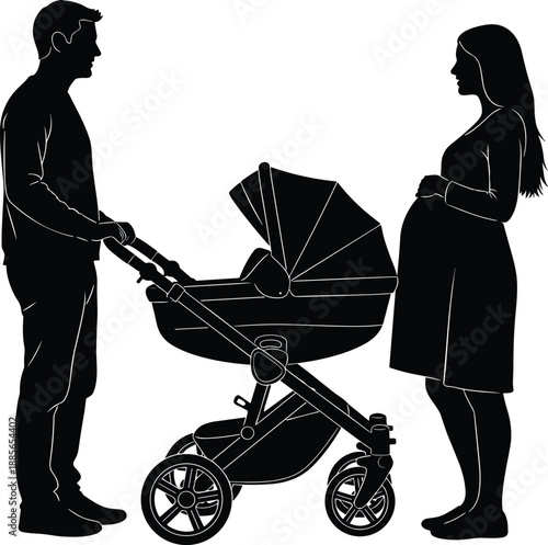 Expecting parents with baby stroller silhouette vector illustration, pregnant woman and man standing together, family pregnancy concept, parenthood lifestyle design, minimalist black style
