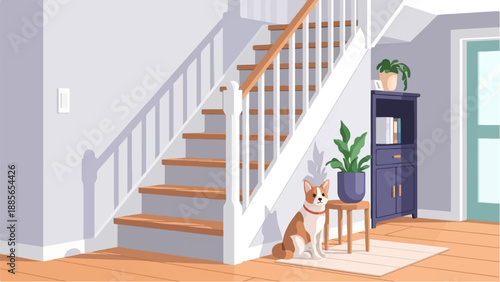 Dog waits patiently by stairs next to a plant and bookcase